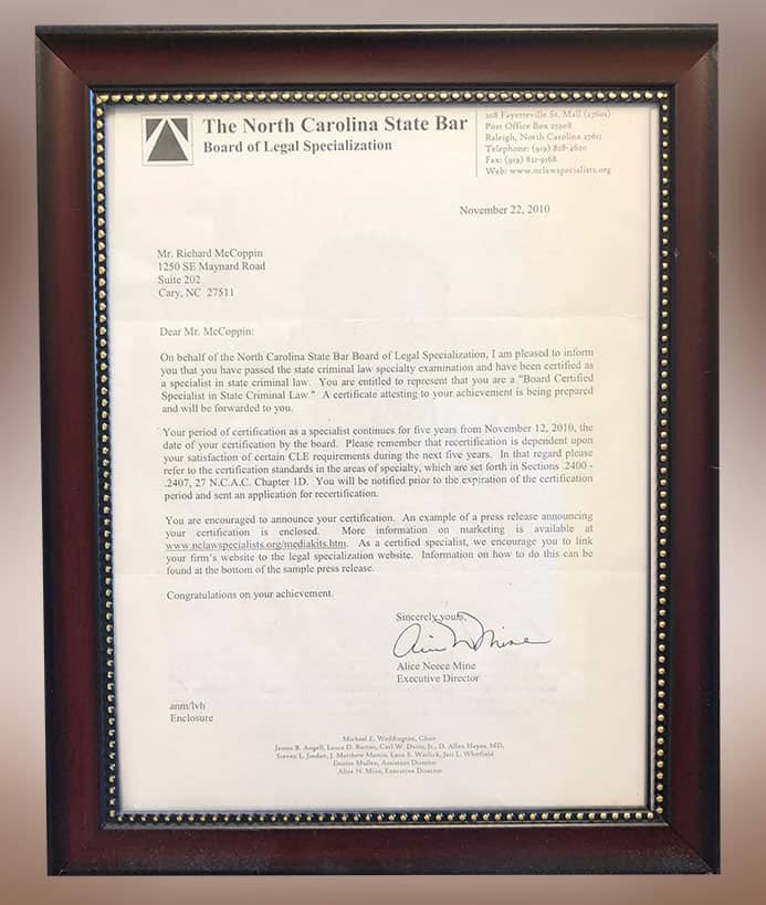 Certification Letter from North Carolina State Bar Board of Legal Specialization